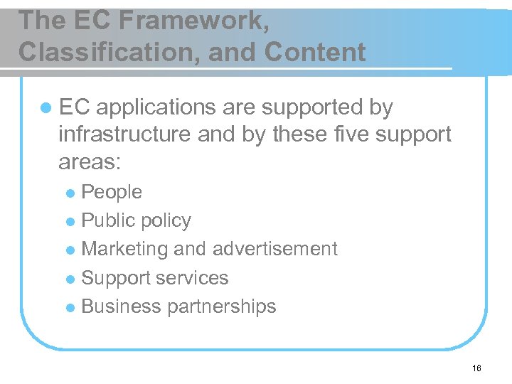 The EC Framework, Classification, and Content l EC applications are supported by infrastructure and