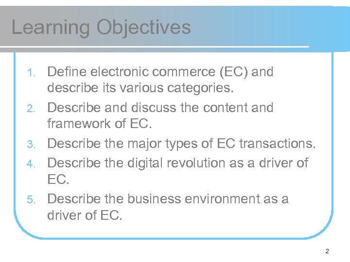 Learning Objectives 1. 2. 3. 4. 5. Define electronic commerce (EC) and describe its