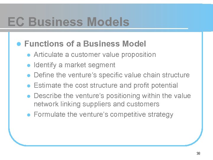 EC Business Models l Functions of a Business Model l l l Articulate a