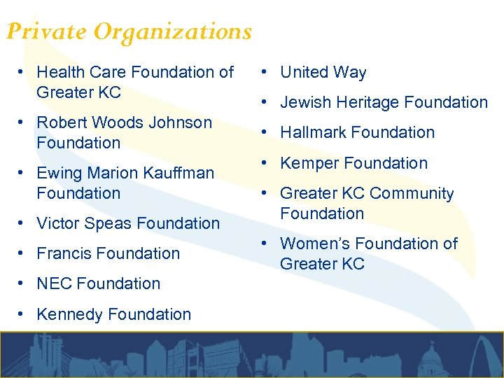 Private Organizations • Health Care Foundation of Greater KC • Robert Woods Johnson Foundation
