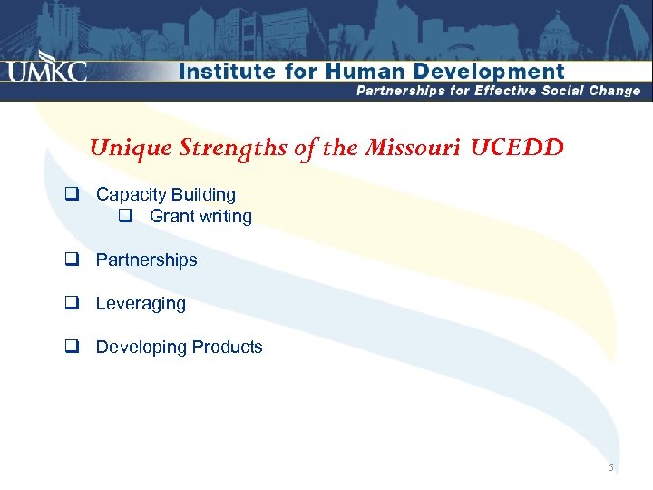 Unique Strengths of the Missouri UCEDD q Capacity Building q Grant writing q Partnerships
