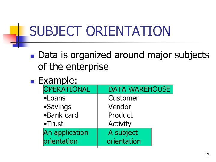 SUBJECT ORIENTATION n n Data is organized around major subjects of the enterprise Example: