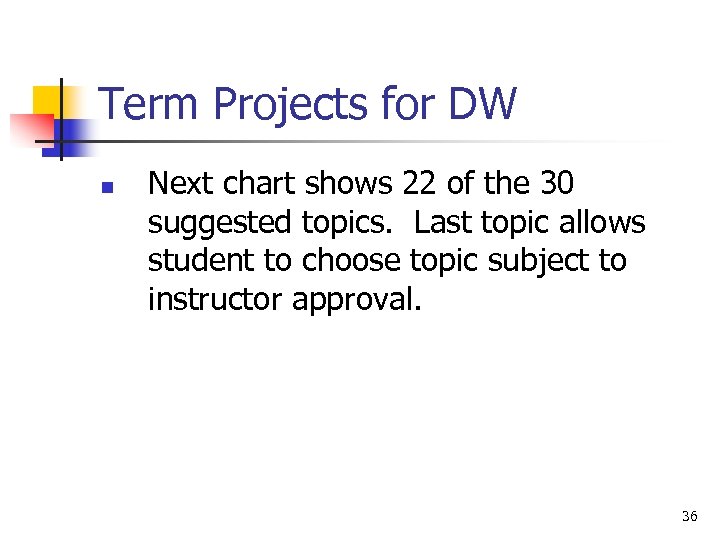Term Projects for DW n Next chart shows 22 of the 30 suggested topics.