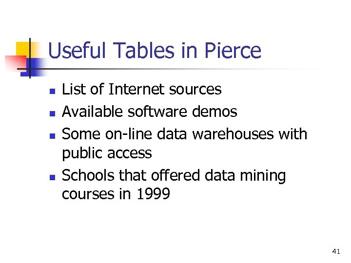 Useful Tables in Pierce n n List of Internet sources Available software demos Some