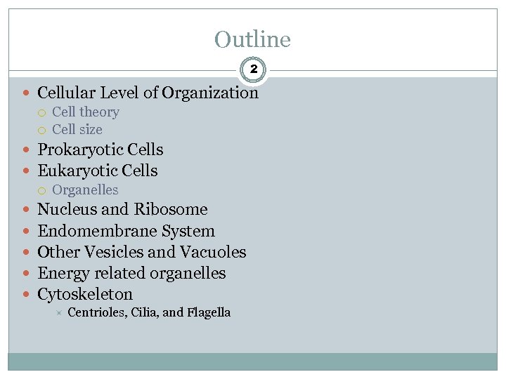 Outline 2 Cellular Level of Organization Cell theory Cell size Prokaryotic Cells Eukaryotic Cells