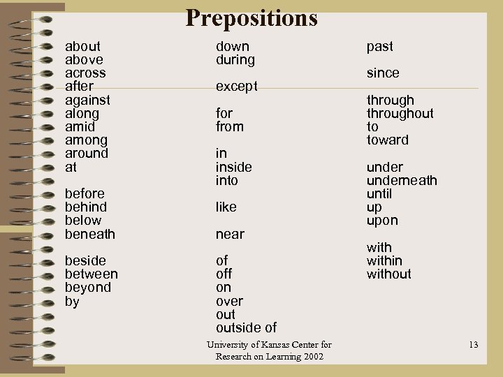 Prepositions about above across after against along amid among around at before behind below