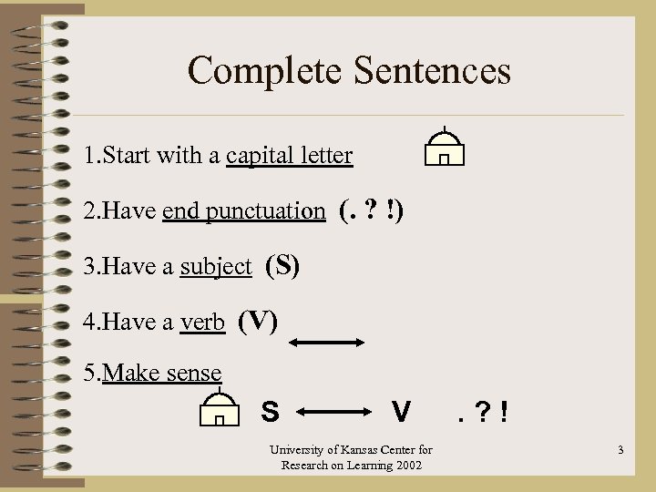 Complete Sentences 1. Start with a capital letter 2. Have end punctuation (. ?
