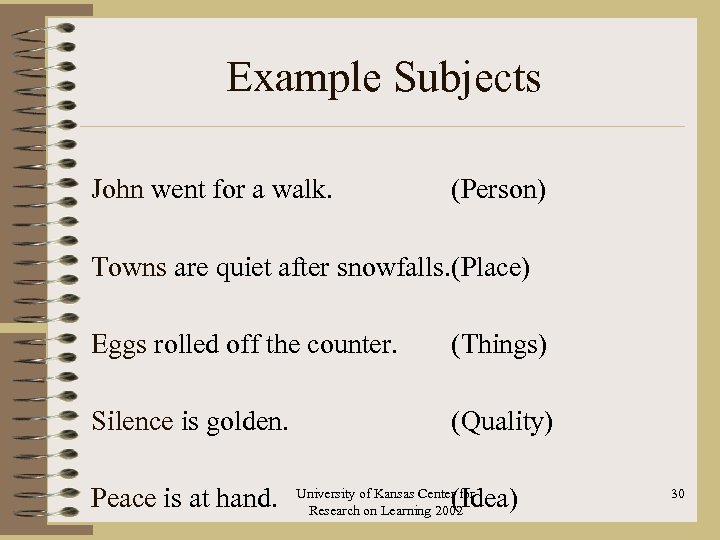 Example Subjects John went for a walk. (Person) Towns are quiet after snowfalls. (Place)
