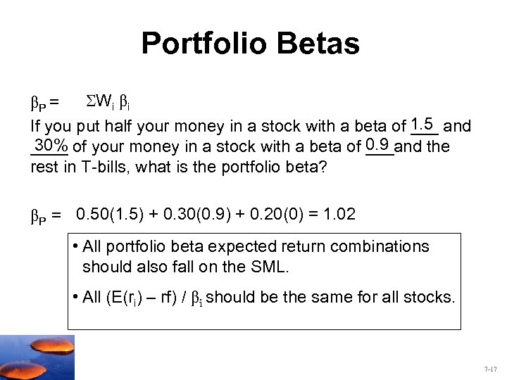 Portfolio Betas βP = Wi βi If you put half your money in a