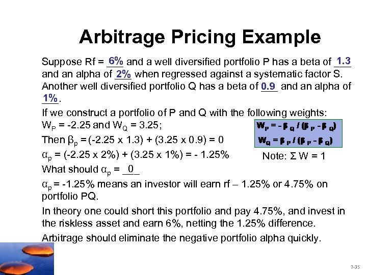 Arbitrage Pricing Example 1. 3 6% Suppose Rf = ___ and a well diversified