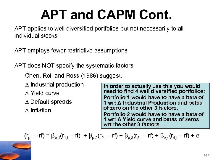 APT and CAPM Cont. APT applies to well diversified portfolios but not necessarily to