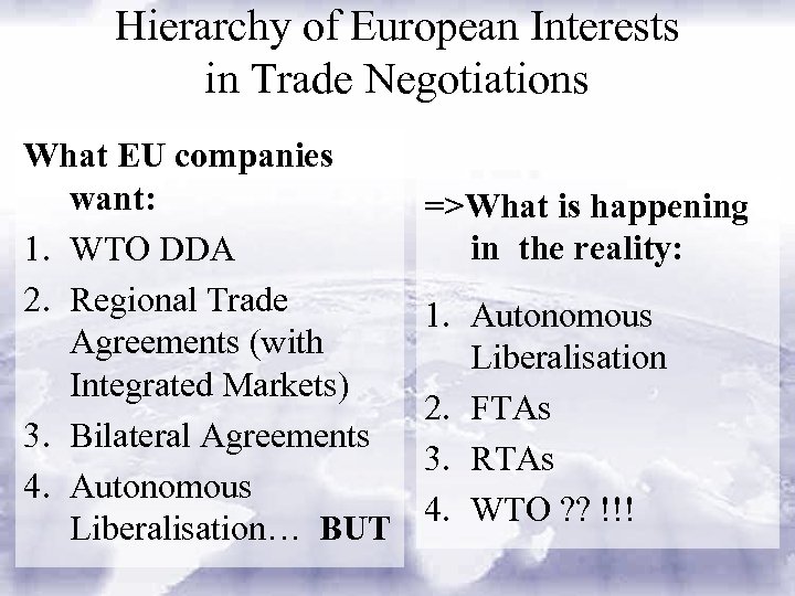 Hierarchy of European Interests in Trade Negotiations What EU companies want: 1. WTO DDA