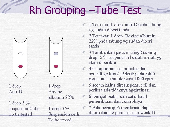 Rh Grouping –Tube Test 1 drop Anti-D + 1 drop 5 % suspension. Cells