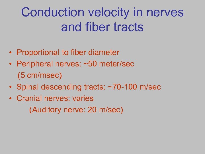 Conduction velocity in nerves and fiber tracts • Proportional to fiber diameter • Peripheral