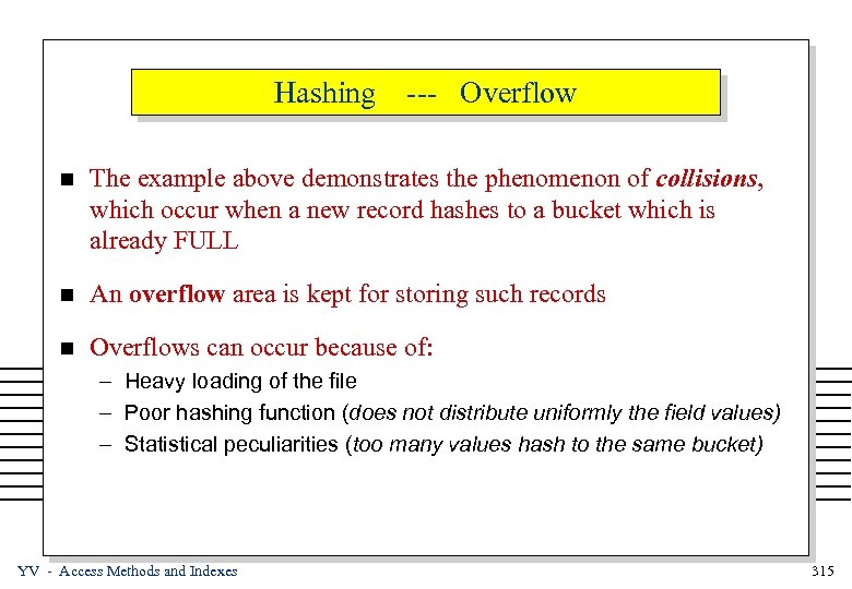 Hashing --- Overflow n The example above demonstrates the phenomenon of collisions, which occur