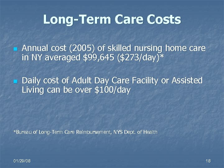 Long-Term Care Costs n n Annual cost (2005) of skilled nursing home care in