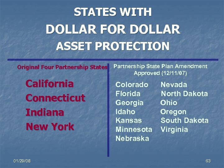 STATES WITH DOLLAR FOR DOLLAR ASSET PROTECTION Original Four Partnership States California Connecticut Indiana