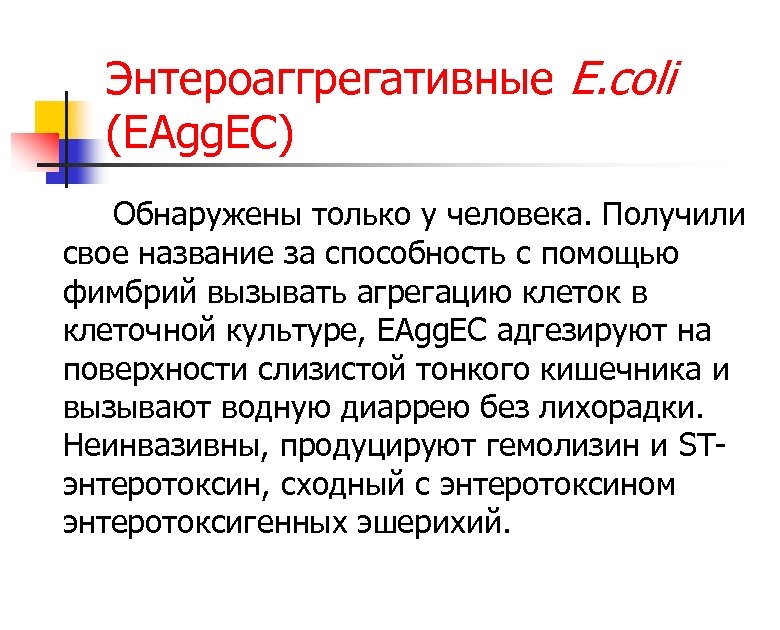 Энтероаггрегативные E. coli (EAgg. EC) Обнаружены только у человека. Получили свое название за способность