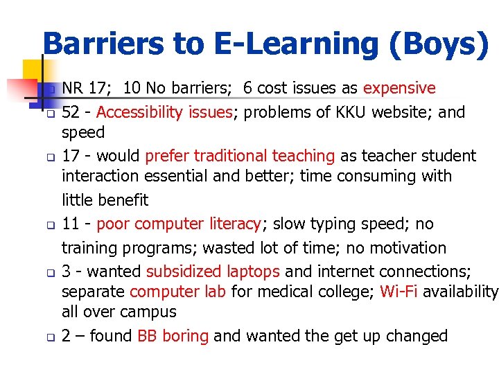 Barriers to E-Learning (Boys) q q q NR 17; 10 No barriers; 6 cost