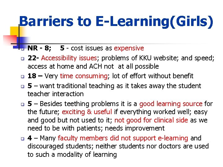 Barriers to E-Learning(Girls) q q q NR - 8; 5 - cost issues as