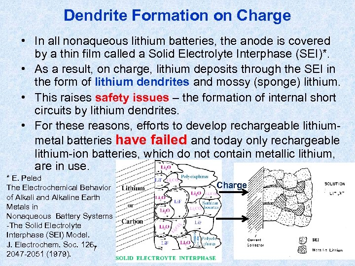 Dendrite Formation on Charge • In all nonaqueous lithium batteries, the anode is covered