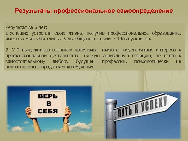 Результаты профессиональное самоопределение Результат за 5 лет: 1. Успешно устроили свою жизнь, получив профессиональное