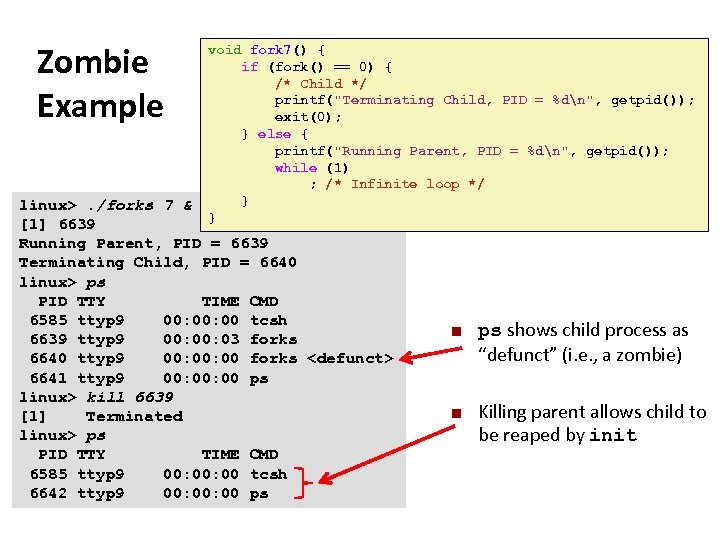Carnegie Mellon Zombie Example void fork 7() { if (fork() == 0) { /*