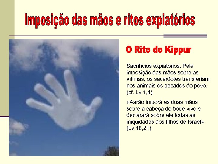 Sacrifícios expiatórios. Pela imposição das mãos sobre as vítimas, os sacerdotes transferiam nos animais