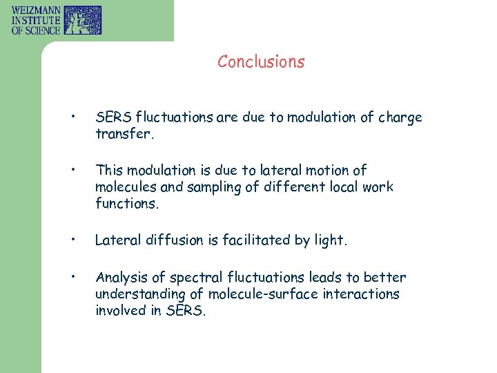 Conclusions • SERS fluctuations are due to modulation of charge transfer. • This modulation