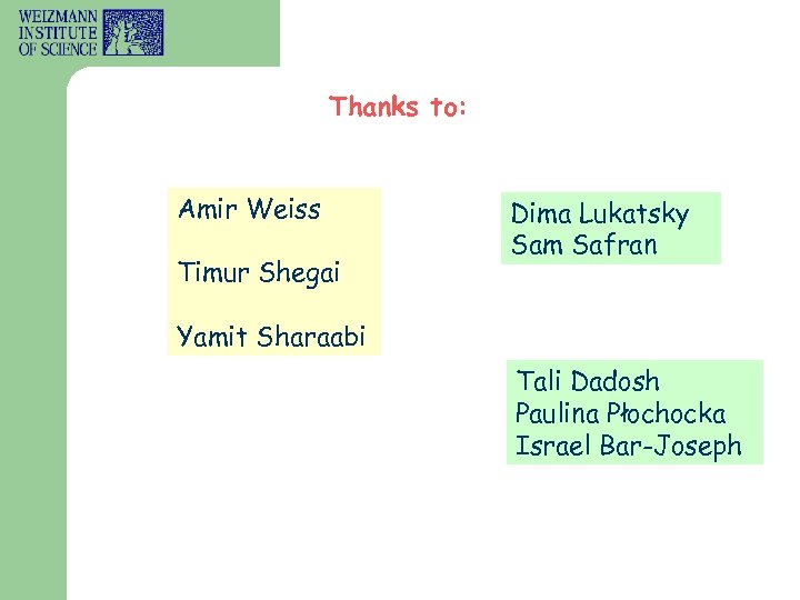 Thanks to: Amir Weiss Timur Shegai Dima Lukatsky Sam Safran Yamit Sharaabi Tali Dadosh