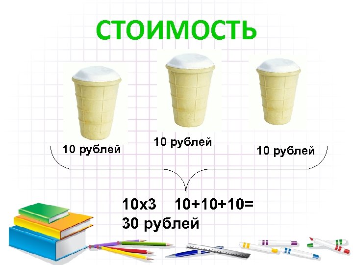 СТОИМОСТЬ 10 рублей 10 х3 10+10+10= 30 рублей 10 рублей 