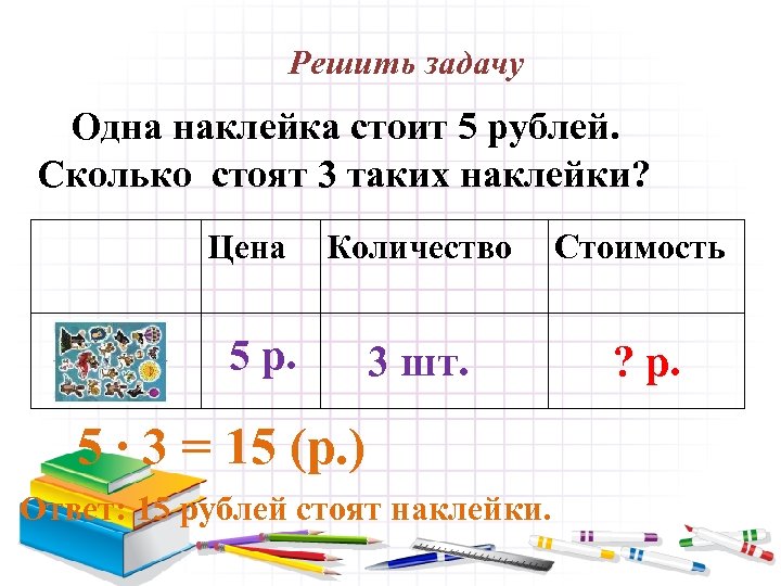 Решить задачу Одна наклейка стоит 5 рублей. Сколько стоят 3 таких наклейки? Цена Количество