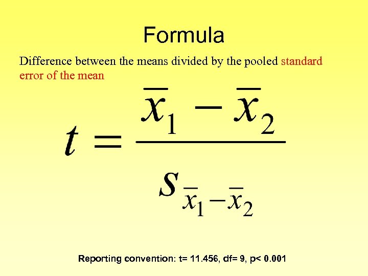 Formula Difference between the means divided by the pooled standard error of the mean