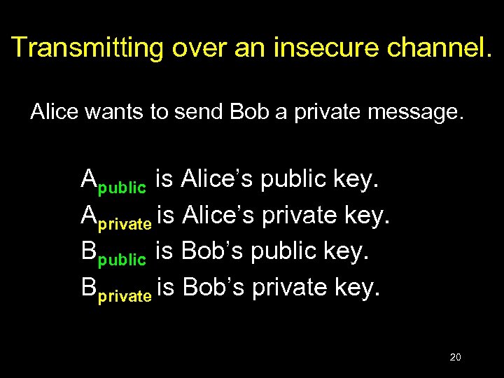 Transmitting over an insecure channel. Alice wants to send Bob a private message. Apublic