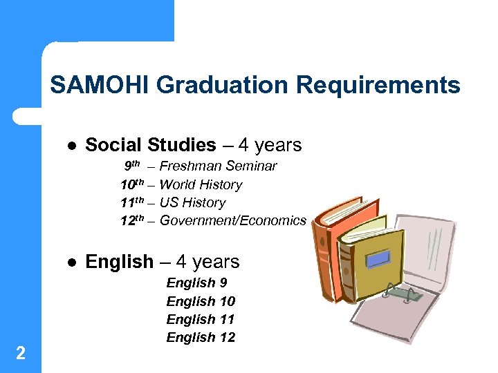 SAMOHI Graduation Requirements l Social Studies – 4 years 9 th – Freshman Seminar