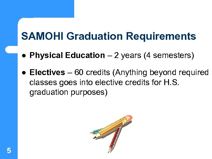 SAMOHI Graduation Requirements l l 5 Physical Education – 2 years (4 semesters) Electives