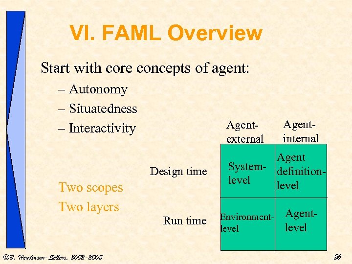 VI. FAML Overview Start with core concepts of agent: – Autonomy – Situatedness –