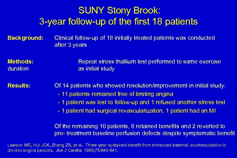 SUNY Stony Brook: 3 -year follow-up of the first 18 patients Background: Methods: duration