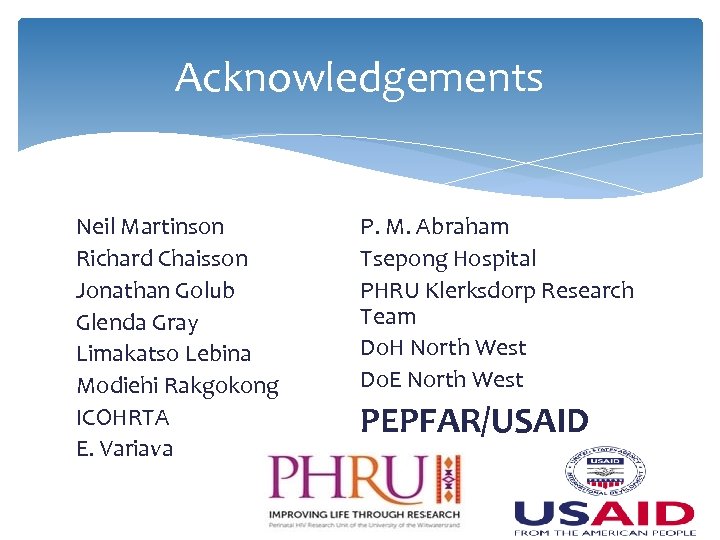 Acknowledgements Neil Martinson Richard Chaisson Jonathan Golub Glenda Gray Limakatso Lebina Modiehi Rakgokong ICOHRTA