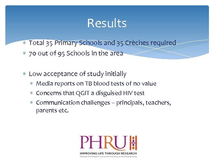 Results Total 35 Primary Schools and 35 Crèches required 70 out of 95 Schools