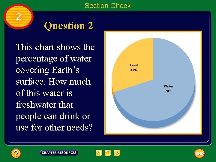 Section Check 2 Question 2 This chart shows the percentage of water covering Earth’s