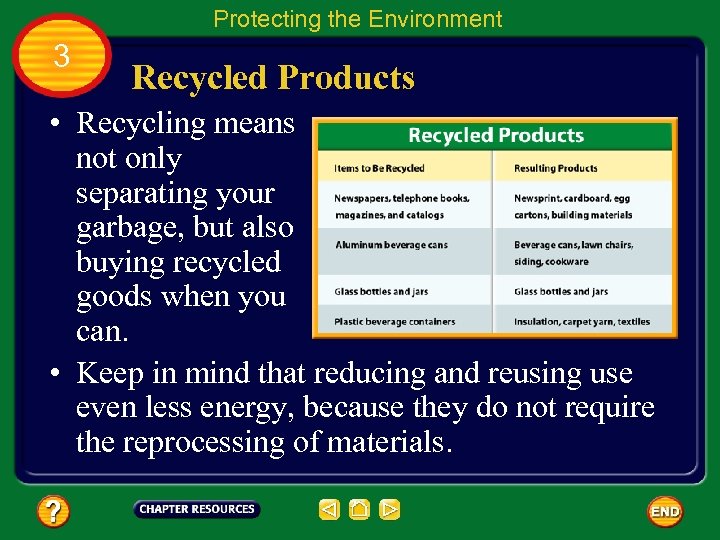 Protecting the Environment 3 Recycled Products • Recycling means not only separating your garbage,