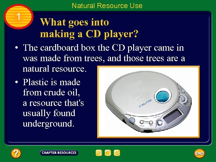 Natural Resource Use 1 What goes into making a CD player? • The cardboard