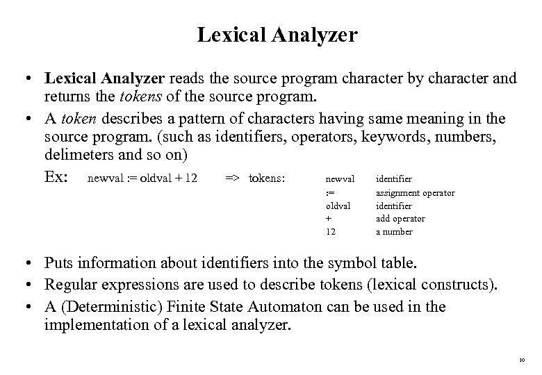 Lexical Analyzer • Lexical Analyzer reads the source program character by character and returns