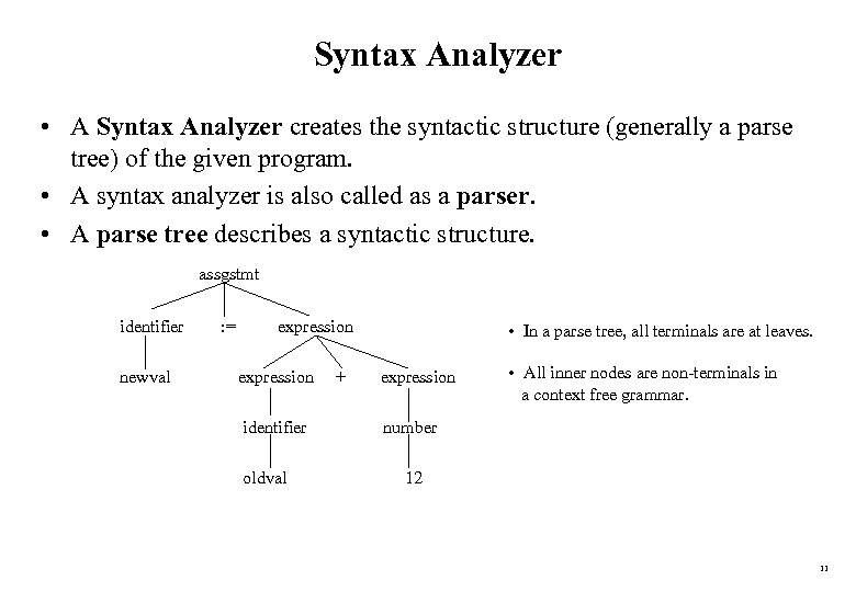 Syntax Analyzer • A Syntax Analyzer creates the syntactic structure (generally a parse tree)