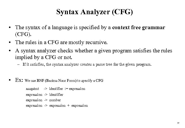 Syntax Analyzer (CFG) • The syntax of a language is specified by a context