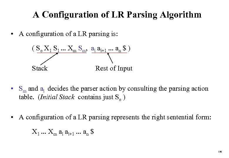 A Configuration of LR Parsing Algorithm • A configuration of a LR parsing is: