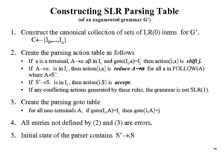 Constructing SLR Parsing Table (of an augumented grammar G’) 1. Construct the canonical collection