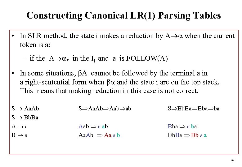 Constructing Canonical LR(1) Parsing Tables • In SLR method, the state i makes a