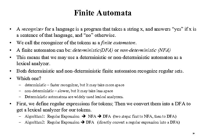 Finite Automata • A recognizer for a language is a program that takes a